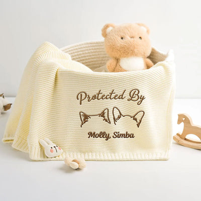 Human Protected By Pet - Personalized Custom Embroidered Knitted Baby Blanket