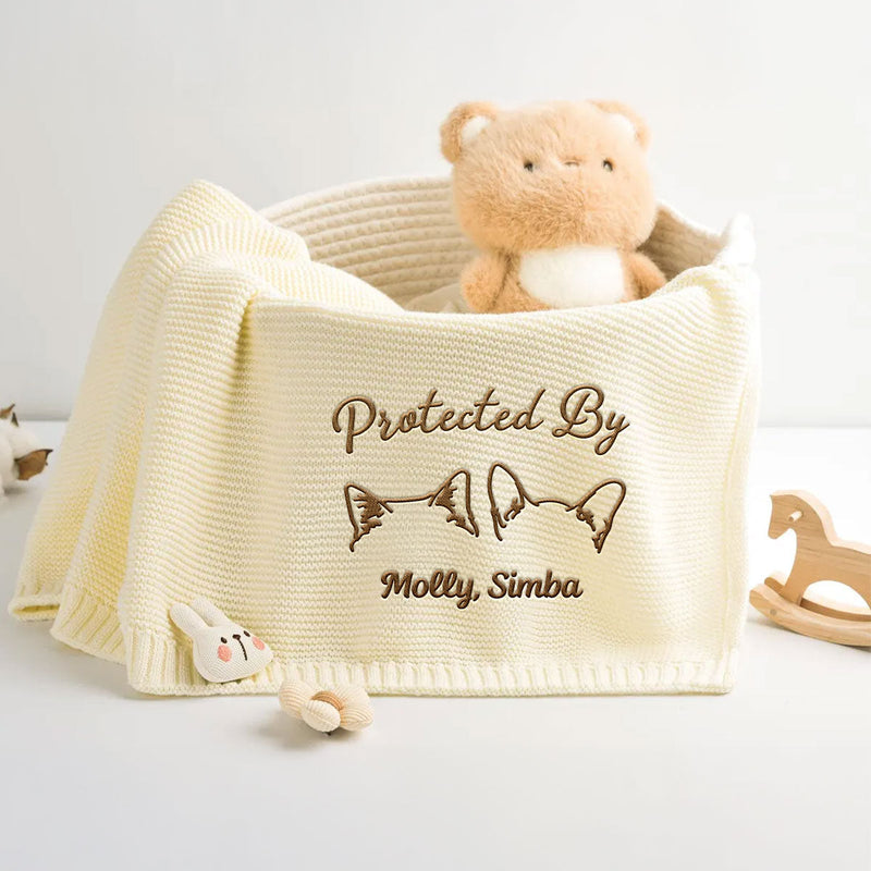 Human Protected By Pet - Personalized Custom Embroidered Knitted Baby Blanket