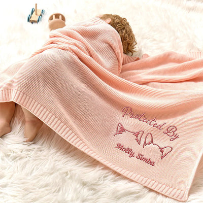 Human Protected By Pet - Personalized Custom Embroidered Knitted Baby Blanket