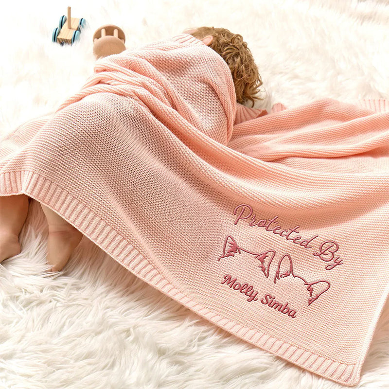 Human Protected By Pet - Personalized Custom Embroidered Knitted Baby Blanket